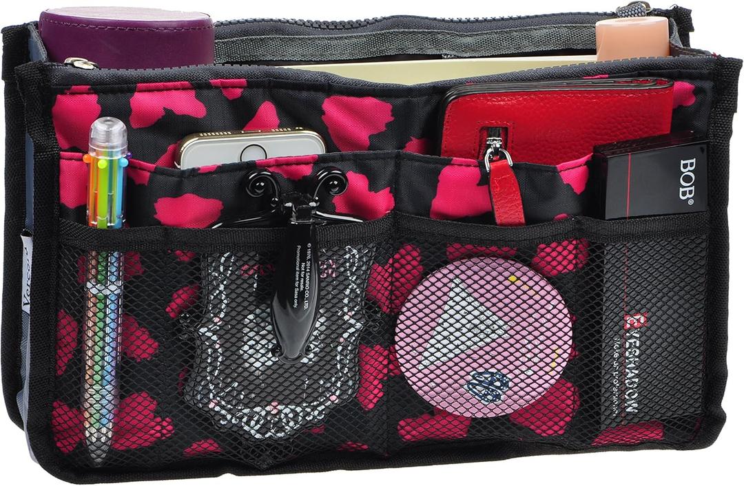 Vercord Purse Organizer Insert for Handbags Bag Organizers Inside Tote Pocketbook Women Nurse Nylon 13 Pockets Rose Heart Large