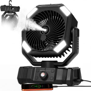 USONE Portable Misting Fan, 5-in-1 Camping Fan Rechargeable, LED Light, Remote & Timer, [Max 48Hrs] Battery Operated Tent Fan with Hook for Patio, Beach, Outdoor, Emergency Backup,Black