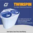 Garatic Portable Compact Mini Twin Tub Washing Machine w/Wash and Spin Cycle, Built-in Gravity Drain, 13lbs Capacity For Camping, Apartments, Dorms, College Rooms, RVs, Delicates and more