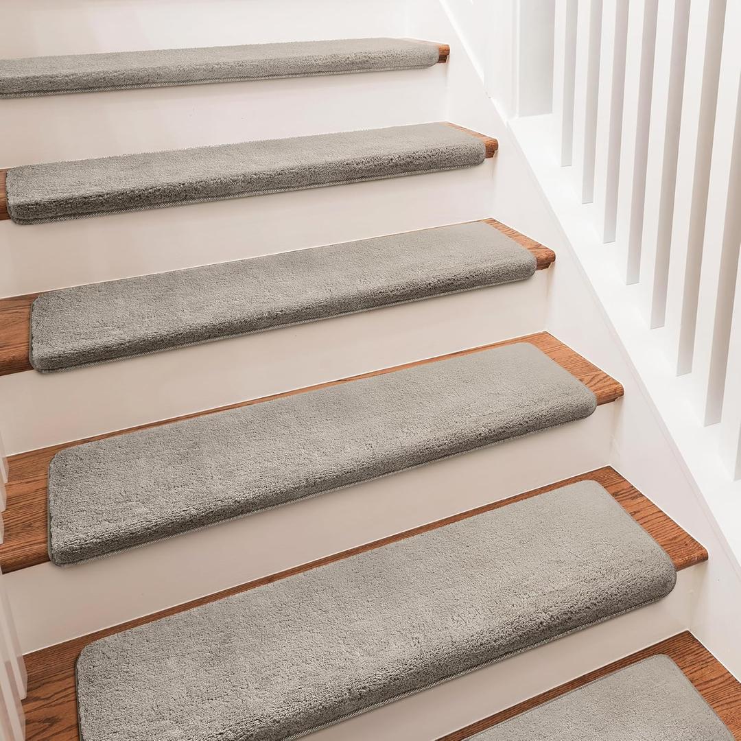 PURE ERA Carpet Stair Treads Ultra Plush 9.5" X 30"Soft Bullnose Indoor Stair Protectors Pet-Friendly Non-Slip Skid Resistant Tape Free Washable Reusable(14 Pieces, Cream Gray)