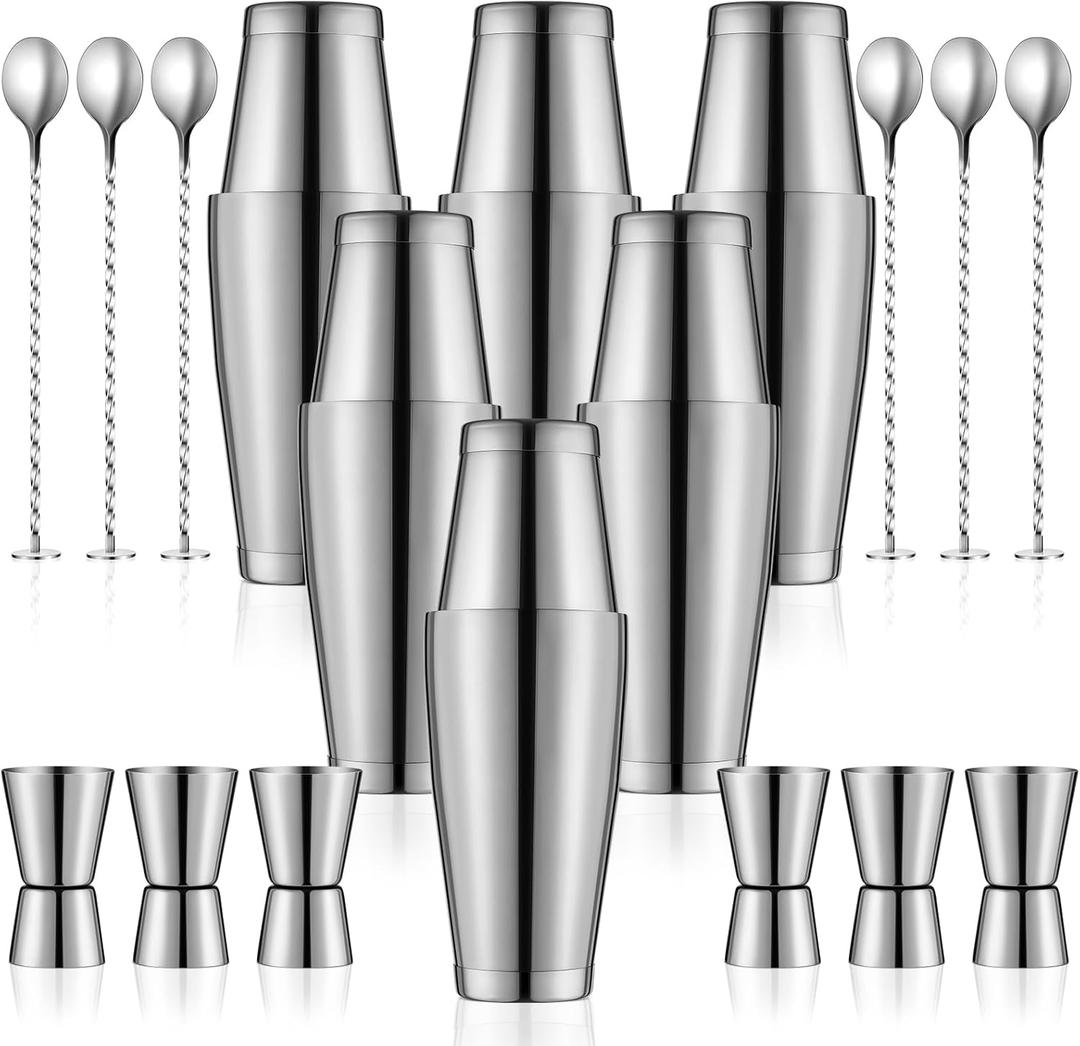 Dandat 18 Pcs Cocktail Shaker Set Include 6 Pcs 28oz and 18oz Bar Shakers with 6 Pcs Measuring Jigger and 6 Mixing Spoon Stainless Steel Drink Alcohol Mixer Bartender Kit Bulks for Home Party Bar