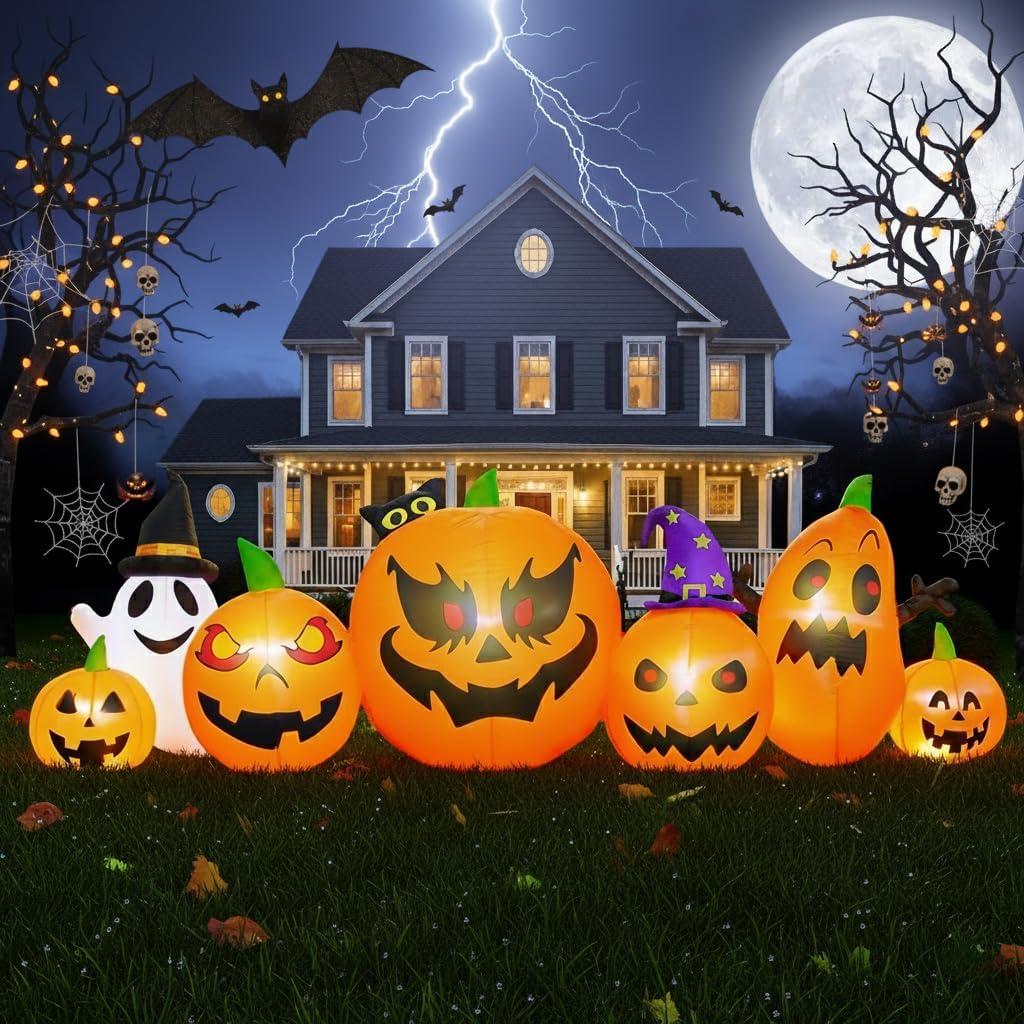 9.2FT Halloween Outdoor Inflatables, Blow Up Inflatable Pumpkins with Cute Ghost & Black Cat, Lighted Yard/Lawn/Porch Display, Plug-in LED, Built-in Fan, ~40s Inflation