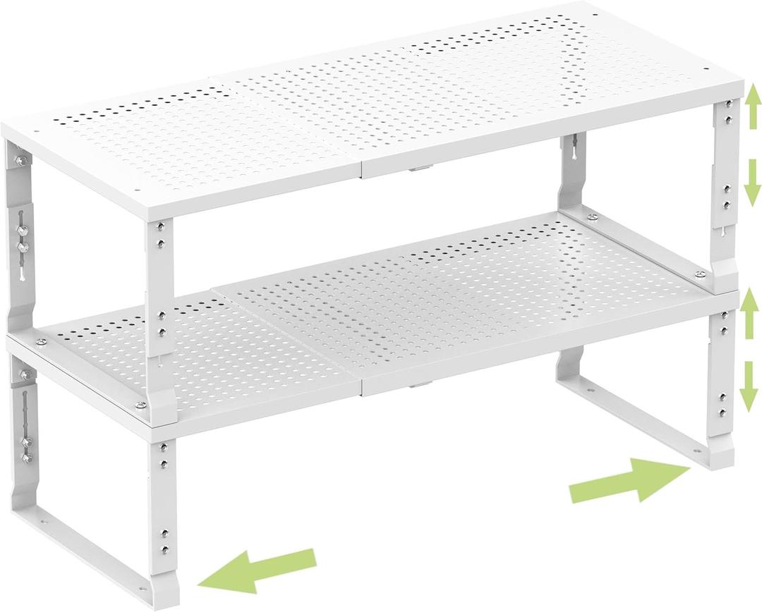 Zilvando Heavy-Duty Adjustable Metal Shelf Organizer - Expandable & Stackable Pantry Storage Rack for Kitchen, Bathroom, RV, Cabinets(2 Packs/White, Medium)