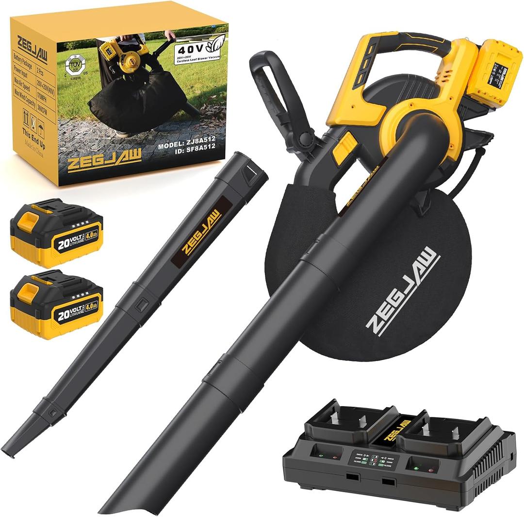 ZEGJAW 3-in-1 Cordless Leaf Blower & Vacuum, Leaf Vacuum Mulcher with Bag, 40V 170MPH 360CFM 5 Speeds Electirc Leaf Blowers for Lawn Care 2x4.0Ah Battery & Charger Included