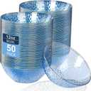 Rubtlamp 50 Pack Clear Blue Disposable Bowls, Clear Plastic Bowls with Gold Rim, 12-16oz Premium Heavy Duty Plastic Dinner Bowls for Party, Wedding and Holiday