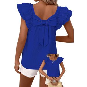 Falechay Womens Bow Tie Back Tops Round Neck Ruffle Short Sleeve Shirts Cute Babydoll Chiffon Tee Women Summer Trendy Tunic (Blue, XL)
