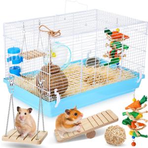Zhengmy 9 Pcs Hamster Starter Kit, Hamster Cage with Complete Set of Accessories Including Exercise Wheel Chew Toys Food Dish Water Bottle Coconut Hut House Bed, 18.5 x 11.81 x 11.81