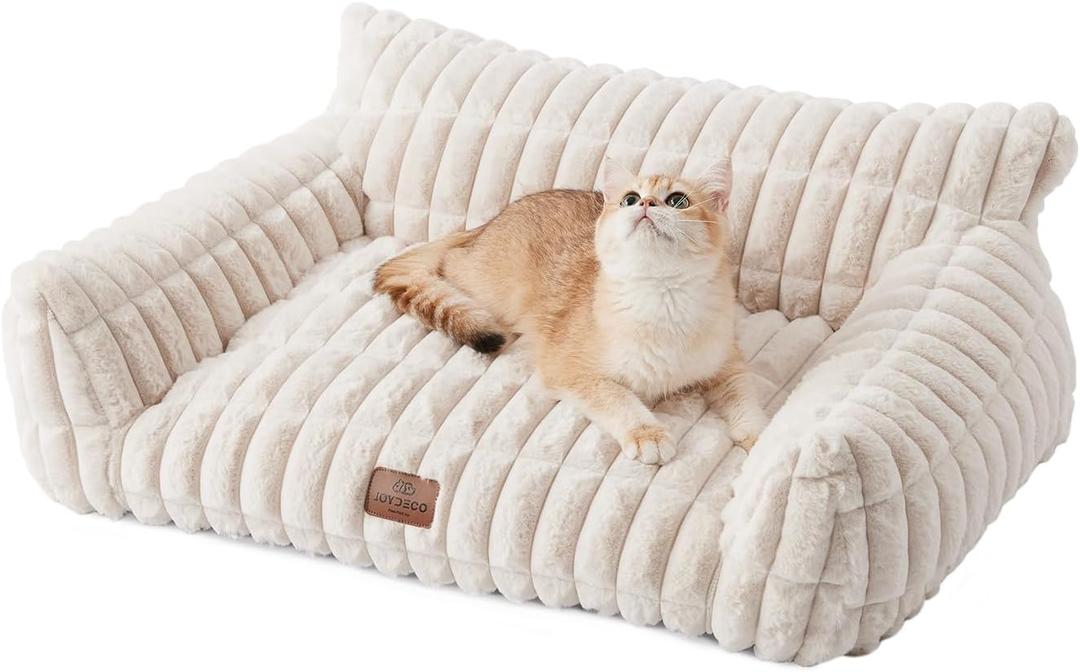 Joydeco Cat Couch for Pets, 24 inch Plush Pet Sofa, Cat Bed for Indoor Cats with Removable Washable Cover, Supportive Pet Sofa, Cream