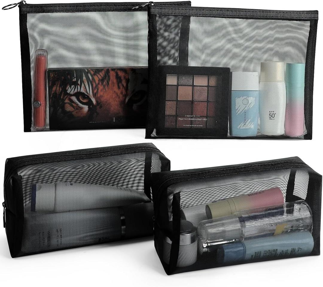 4 Pack Mesh Cosmetic Bags, Nylon Mesh Makeup Bags Set, Multipurpose Makeup Pouches, Travel Essentials Beauty Bag Set(Black) (Cube+Flat)