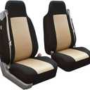 FH Group Universal Car Seat Covers Front Set High Back for SUV Truck Sedan Vans Zipper Designed Built-in Seatbelt - Washable Cloth Seat Cover Set High Back Front Protector Interior Upgrade - Beige
