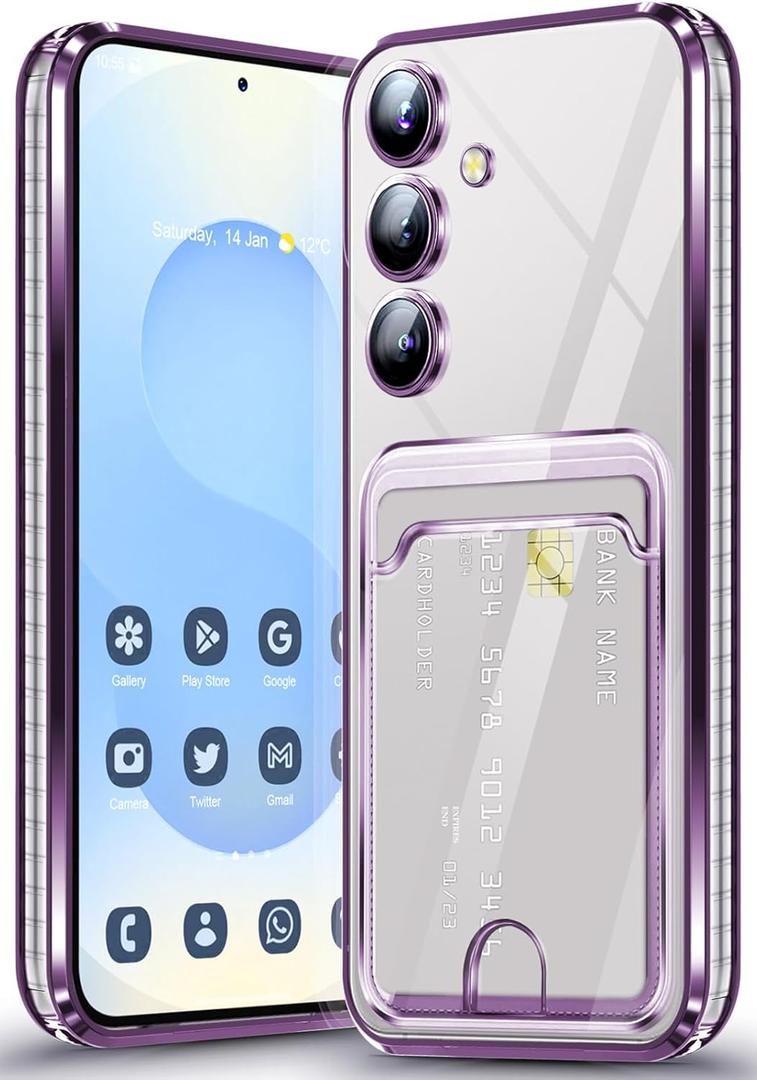 Neivi for Samsung Galaxy S25 Plus Case with Card Holder, Electroplated Flash Bumper Clear Slim Case for Samsung S25 Plus Shockproof Transparent Silicone Cover Galaxy S25 Plus 5G Phone Case (Purple)