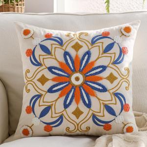 Embroidered Throw Pillow Cover 22x22 Classic Boho Floral Pattern Pillows Cover Outdoor Decorative Pillowcase,Durable Cozy Textured Cushion Case for Sofa Couch Bed Living Room,Orange Blue