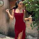 BORIFLORS Women's Sexy Ruched Bodycon Midi Dresses Square Neck Sleeveless Ruffle Hem Club Party Tank Dress (Red, M)