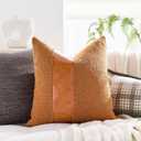 Boucle Decorative Throw Pillow Covers 18"x18" Set of 2  Modern Textured Pillowcases with Faux Leather Contrast Stripe, Neutral Accent for Couch, Bed, or Chair  Leather Brown