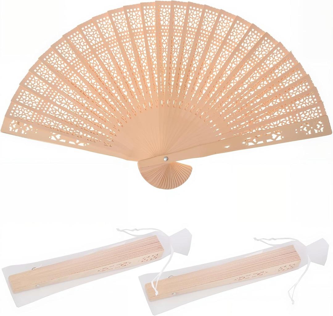 Sandalwood Fan 50 Pcs Hand Fans with 50 Organza Bags Abanicos De Mano Fans for Weddings Hand Fan Foldable Abanicos De Mano Ara Fiesta Wedding Fans for Guests (Generic-50pcs With Organza Bags)