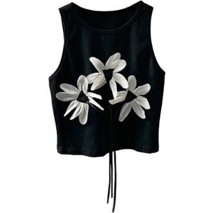 SOLY HUX Women's 3D Floral Crew Neck Sleeveless Summer Crop Tank Tops | Cute Aesthetic Top, Casual Daily, Summer, Cute, Sleeveless Shirts (Black, S)