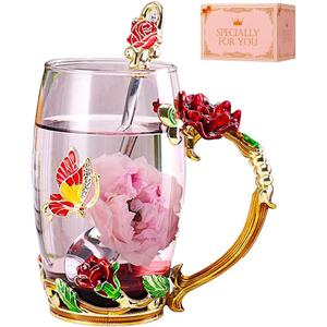 Birthday Gifts For Women,Enamel Butterfly Flower Glass Tea Cup Rose Red Coffee Mug,Cute Gifts For Mom Grandma Women Wife Female Friend on Mothers day Anniversary Christmas Valentines