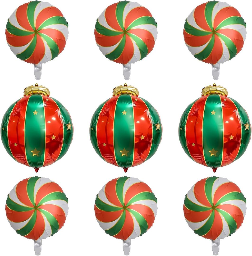 9PCS Christmas Balloon Decorations Set, Round Candy Lollipop Foil Balloon, Hanging Balls Balloons for Xmas Party, Holiday Home & Event Decoration
