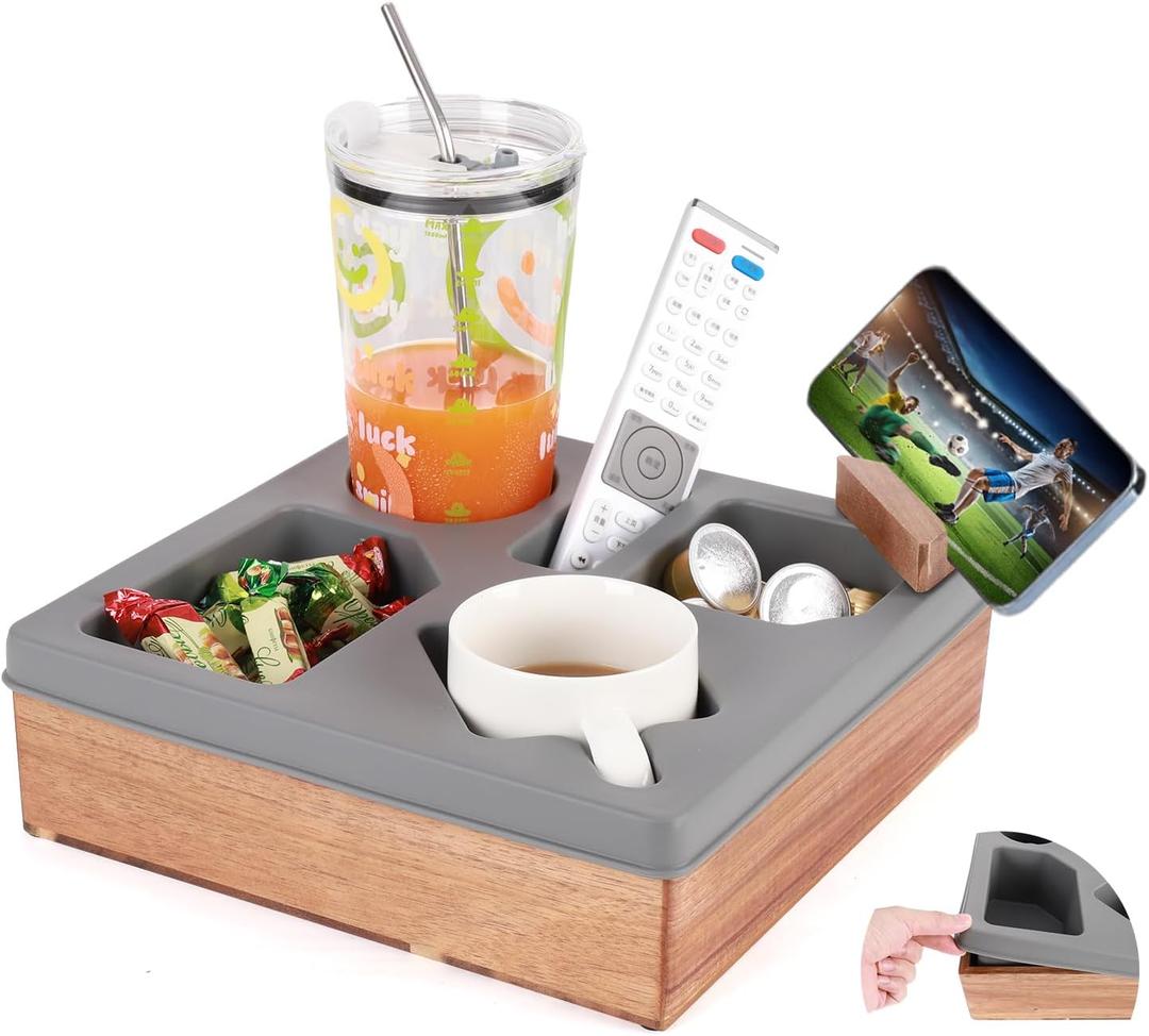 Couch Cup Holder Tray, Silicone Wooden Couch Caddy with Cup Holder for Snacks, Drinks, Remotes, Waterproof Cup Holder for Couch, Organizer, Couch Drink Holder, Sofa Cup Holder