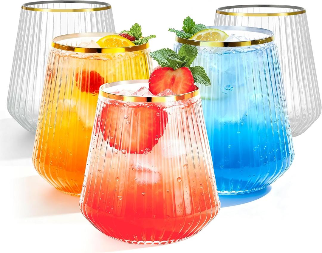 BESTSTAR 36 Pcs 12 oz Plastic Clear Gold Rim Ribbed Glasses, Origami Ripple Disposable Champagne Glasses Elegant Whiskey Glasses Ideal for Weddings, Bars, Christmas, Pool Party, Daily Use