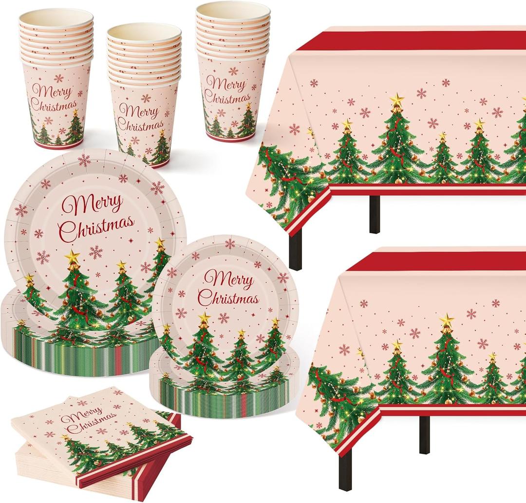 Christmas Party Supplies,102 Pcs Merry Christmas Themed Party Set,Xmas Dinnerware Sets,Xmas Tablecloths Plates Cups Napkins,Holiday Tableware For New Year,Outdoor Picnic,Home,Dinner Party Decoration