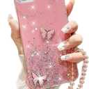 for iPhone 17e/16e Bling Case with Lanyard, Shockproof Cute 3D Butterfly Glitter Soft TPU Woman Girly Sparkle Shiny Phone Cover with Crystal Wrist Strap for iPhone 16/17e 6.1 inch (Pink)