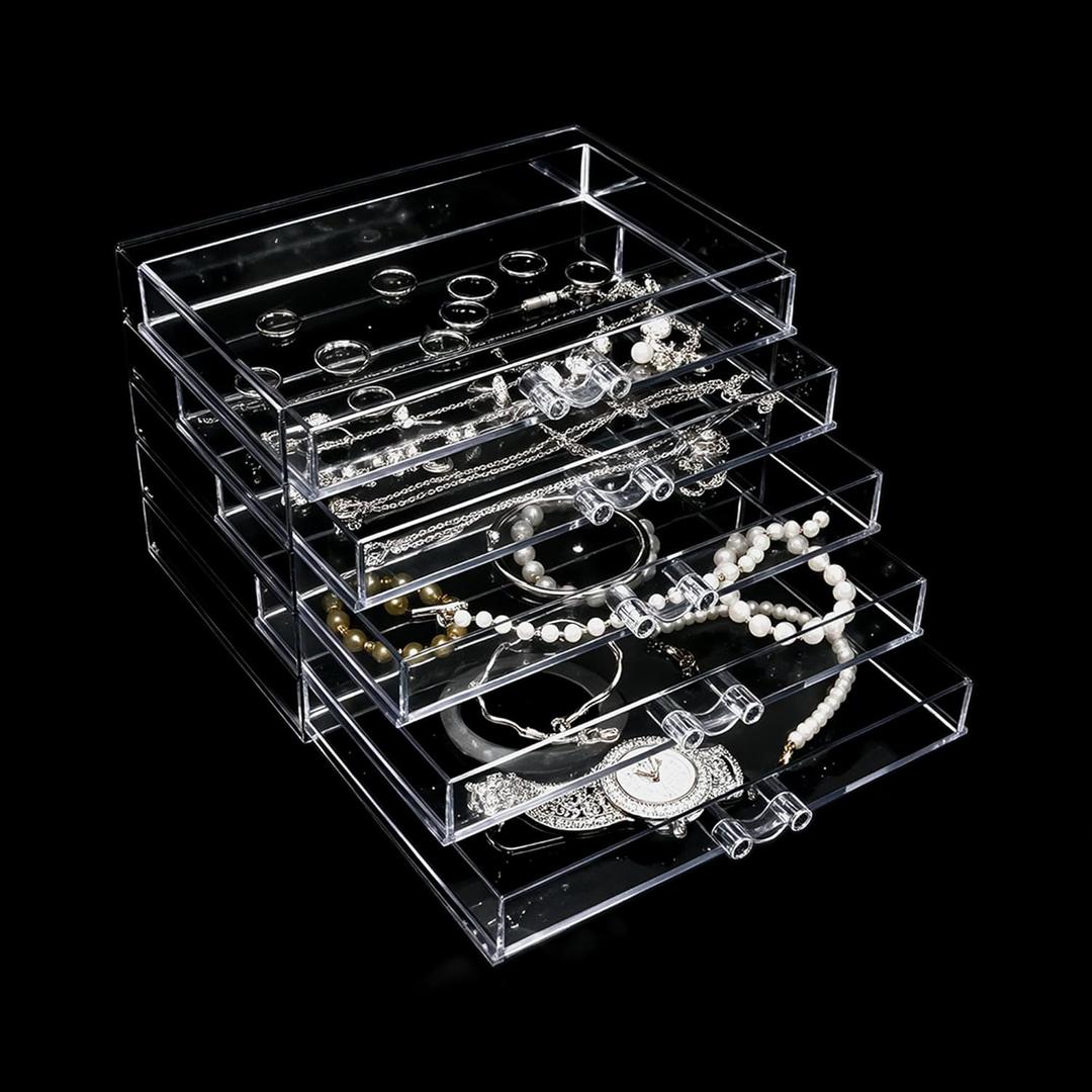 Clear Acrylic Jewelry Storage Box, Earring Jewelry Organizer with 5 Drawers, 5-Layer Jewelry Box for Women, Earring Display Holder for Earrings Ring Bracelet Necklace Transparent Display Storage Case