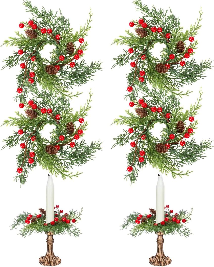 LemonRoad 4 Pieces 3.15in Christmas Candle Ring Wreath for Taper Candles, Pine Branch with Red Berries Lamb's Ear Garland, Candle Rings for Taper Candles, Table Decoration, Winter Home Decor