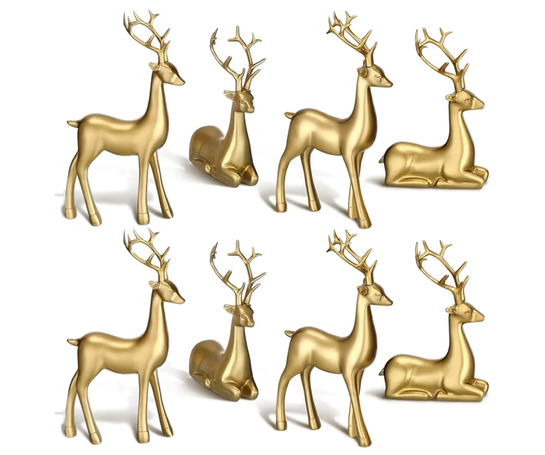 Wenqik 8 Pcs Christmas Reindeer Figurines Gold Deer Christmas Decor Xmas Sitting Standing Deer Statues Rustic Small Reindeer Sculpture for Home Living Room Cabinet Table Office Indoor Decoration Gift,Demage Pieces