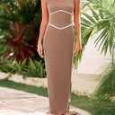 BTFBM Women Bodycon Maxi Dress Square Neck Sleeveless Contrast Binding Slit Cocktail Formal Wedding Guest Dresses 2025 (Beige, L)