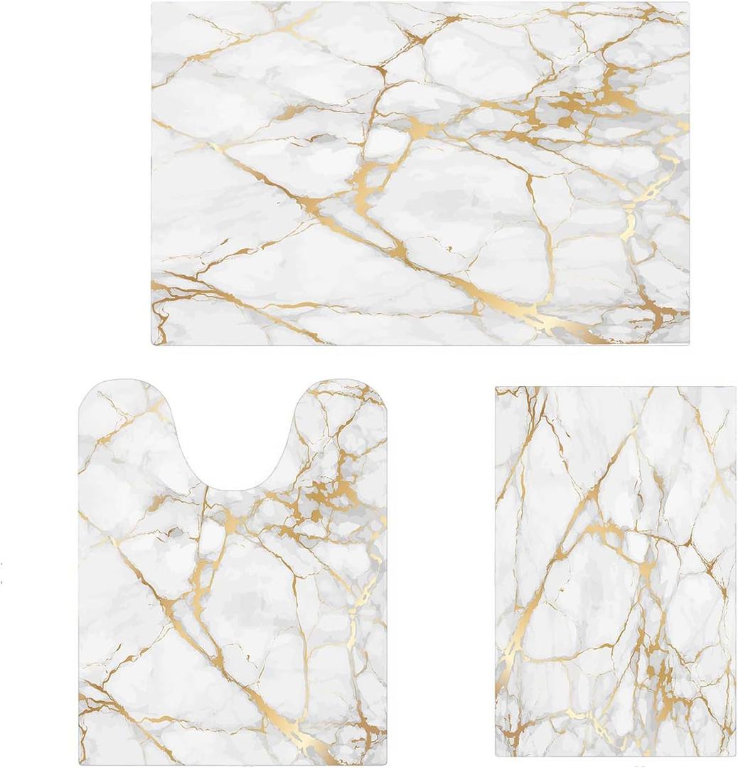 EMMTEEY Bathroom Rugs Sets 3 Piece,White Grey Gold Bathroom Rug Set,Marble Bath Rugs Toilet Mats Thin Super Absorbent Bath Mat Quick Dry Non-Slip for Floor Mats Shower Sink and Bathtub Accessories (17"x24"+20"x32"+U Shape 20"x24")