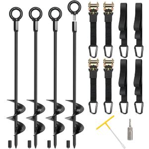 Trampoline Anchors, 4 Pack 18" RV Awning Tie Down Kit with 4 Ratchet Straps, Heavy Duty Screw-in Stakes for Trampolines, RV Awnings & Swing Sets