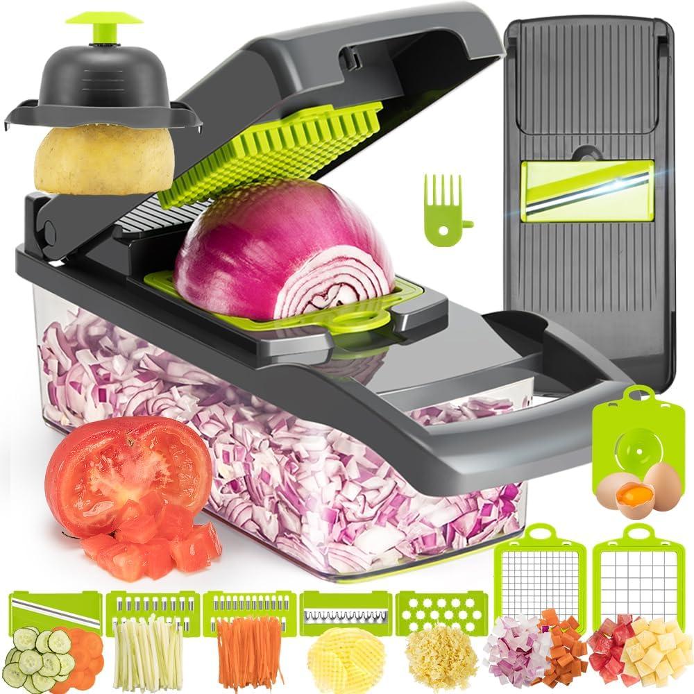 KEOUKE Vegetable Chopper 12in1 Veggie Chopper Slicer Cutter Food Dicer with Container Hand Guard Draining Basket, Grey (Gray)
