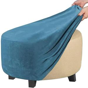 Round Ottoman Cover, Velvet Plush Ottoman Slipcover, Stretch Footstool Furniture Protector, Footrest Folding Storage Stool Covers with Elastic Bottom (Peacock Blue,L)