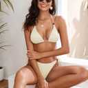 ZAFUL Women's Triangle Bikini Fishnet Halter Two Piece Sexy Swimsuit String Tie Side Bathing Suit (Large, 1-cream)