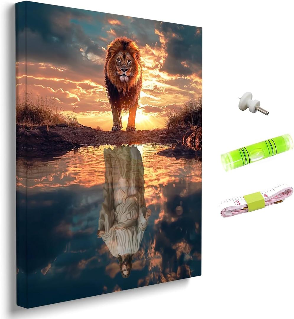 Jesus and Lion Canvas Wall Art, Christian Religious Poster Print, Inspiring Jesus and Lion King Artwork for Living Room and Bedroom Decor 12x16in Woodenframe