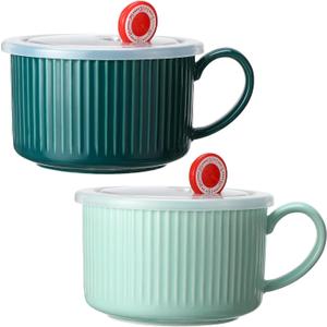 Nuenen 2 Pcs Soup Bowls with Lids and Handles 30 oz Microwave Safe Ceramic Soup Mug Microwavable Ramen Containers with Lids Large Colorful Cups for Noodle Cereal kitchen(Blue, Dark Green)