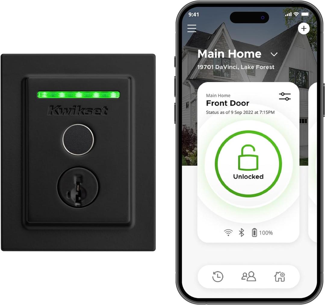 Kwikset Halo Touch Fingerprint Wi-Fi Smart Lock, Keyless Entry Door Low Profile Deadbolt, Geofence Auto-Unlock, Grade AAA Certified, No Hub Easy Install, Matte Black, Square