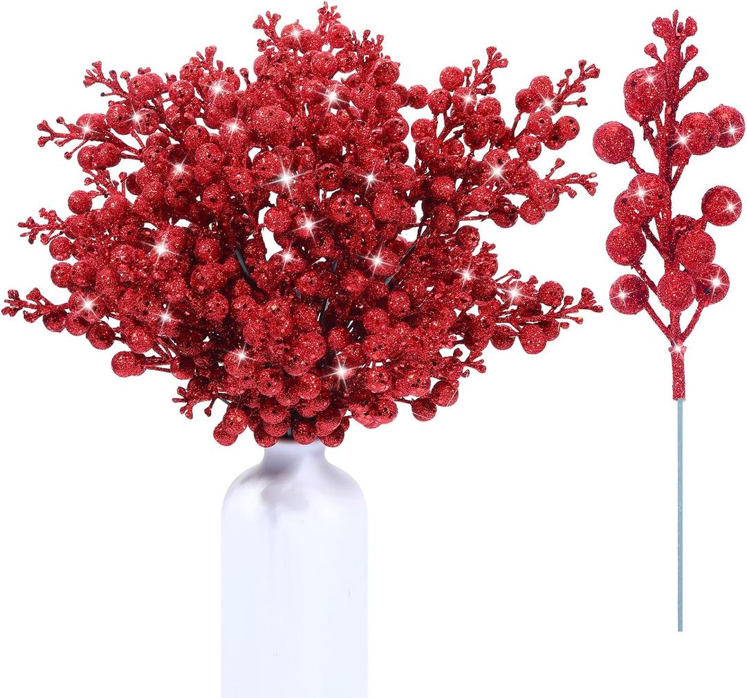 Geosar 36 Pcs Christmas Glittered Berries Stems 7.9 Inch Artificial Berries Sprays Branches Floral Pick for Christmas Tree Ornament, DIY Xmas Wreath, Crafts, Home Decor(Red,Pure Color)