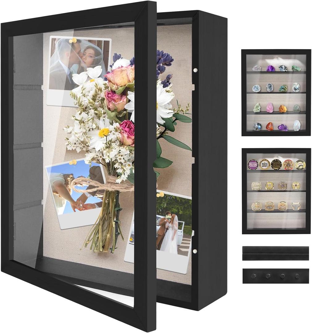 Shadow Box Display Case 11x14, Deep Shadow Box Picture Frame with Linen Back and Removable Shelves, Wooden Memory Box for Wedding Bouquet, Photos, Medals, Keepsakes (Black, 11x14)