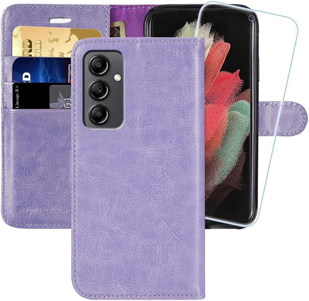 MONASAY Wallet Case Compatible for Galaxy A14 5G, [Included Glass Screen Protector][RFID Blocking] Flip Folio Leather Cell Phone Cover with Credit Card Holder, Lavenders