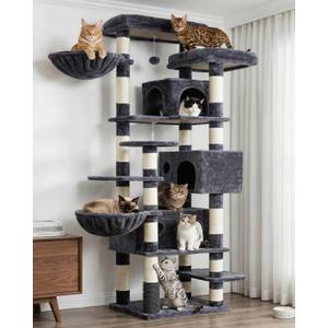 Hey-brother Cat Tree, 74 inches Multi-Level XL Large Cat Tower for Indoor Cats with Three Cat Condos, Two Large Top Decks and Cat Hairbrush for Kittens, Cats and Pets, Smoky Gray MPJ035-MG