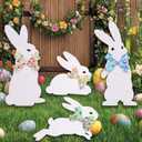 4PCS Easter Bunny Yard Decorations,Waterproof PVC Bunny Signs with Metal Stakes & Colorful Egg Bows for Outdoor Spring Garden and Lawn Decor