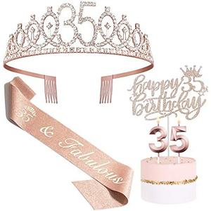 Bella Meri 35th Birthday Gifts for Women, 35th Birthday Tiara Crown, Sash, Cake Toppers,Birthday Candles, 35 Birthday Decorations Women