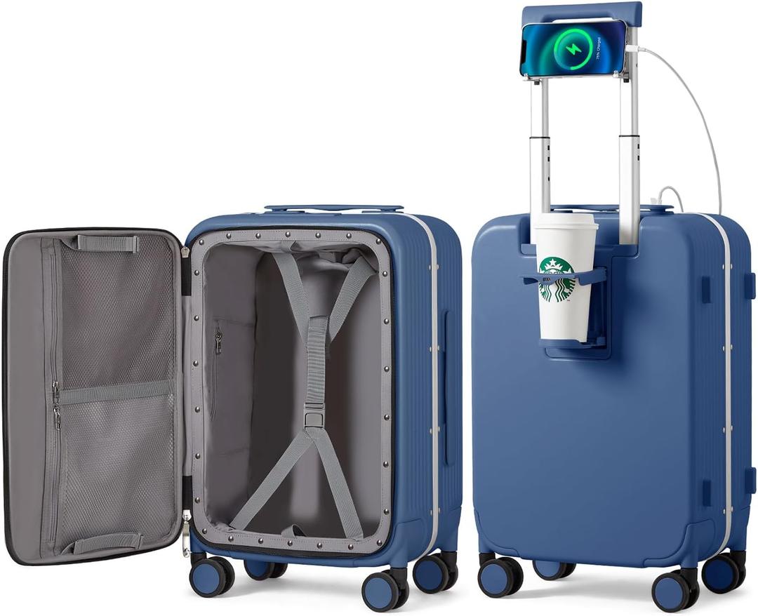 Mixi Carry On Luggage with Cup Phone Holder and Charger Hard Shell Suitcases with Spinner Wheels,20 Inch Sapphire Blue