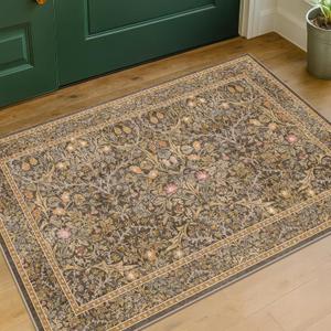 Brown Washable Entry Rug - Front Door Throw Rugs Indoor, Non-Slip Bathroom Small Rugs, Vintage Floral Thin Rug for Kitchen, Boho Earthy Entryway Dcor (2x3 Gold Brown)