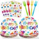 Multicolor Birthday Decorations Plates Set for 25 Guests, 100 Pieces Birthday Paper Plates Napkins Forks with Colorful Dots Design Tableware for Kids Boys Girls
