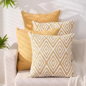 HPUK Decorative Throw Pillow Covers Set of 4 Geometric Design Linen Cushion Cover for Couch Sofa Living Room, 18"x18" inches, Ochre (17" x 17" (Pack of 4))