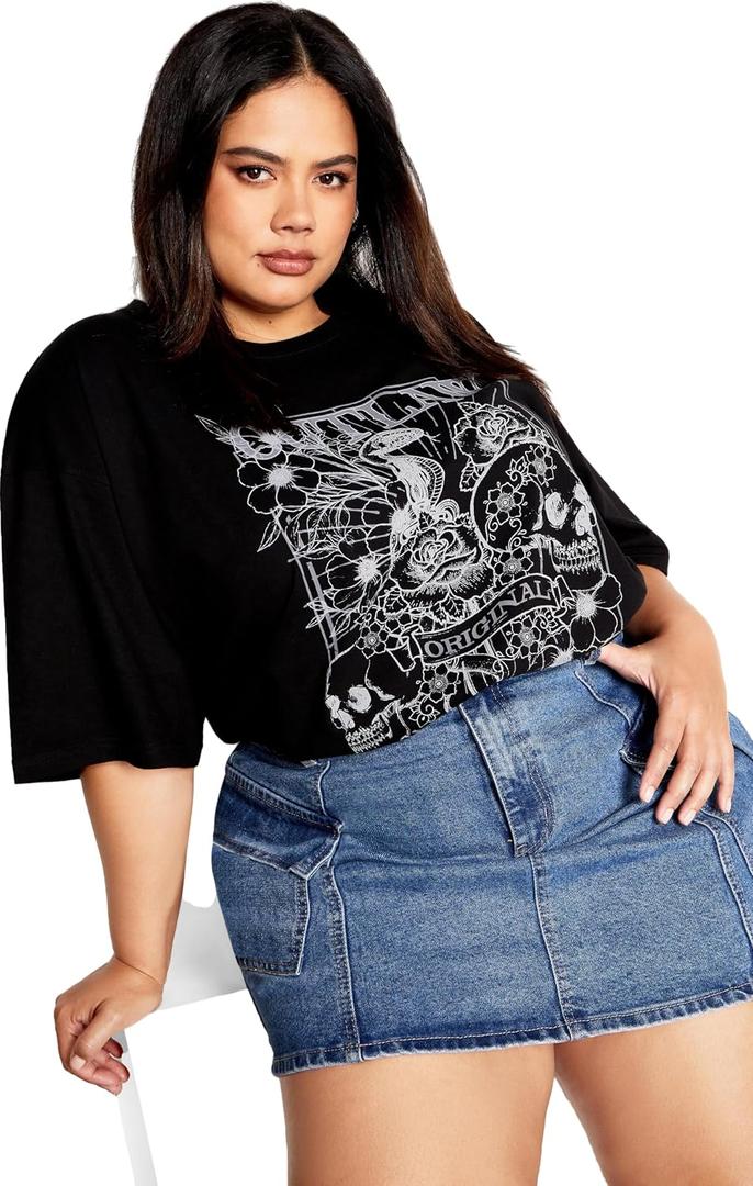 CITY CHIC Plus Size Tee, Oversized Outlaw Tee (Black, M)