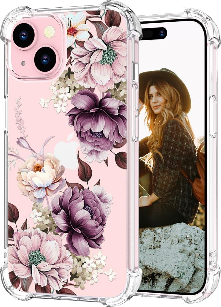 Hungo Compatible with iPhone 15 Case for Women Floral Flower Clear Design Cute,Girly Girls Flower Case Compatible with Phone 15 Pink Rose